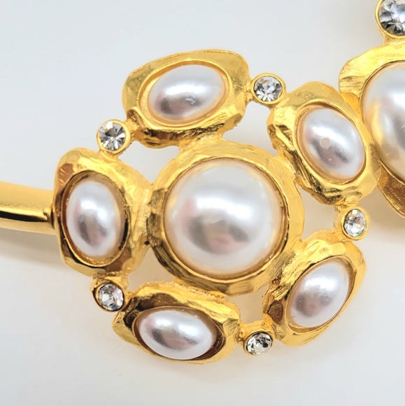 Kenneth Jay Lane Pearl Flower Gold Satin Spring Collar Statement Necklace - Picture 8 of 12